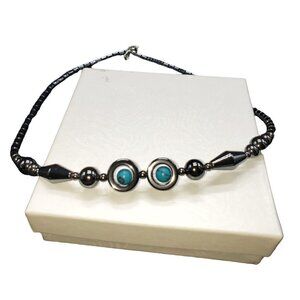 Hematite Pyrite Turquoise Stone Necklace Beaded Cornish Cornwall England 18"‎